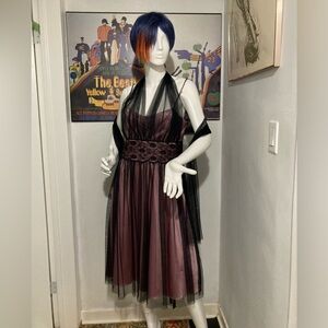 Pink and Black Taffeta Vintage 80s Dress with Matching Scarf/Shawl/Belt